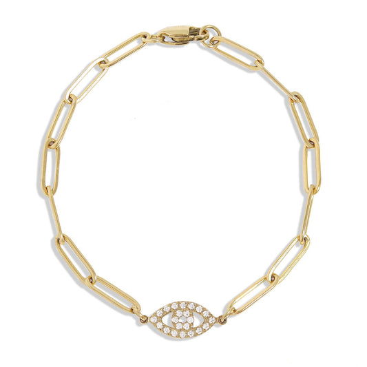 Gold bracelet with a decorative clasp on a white background