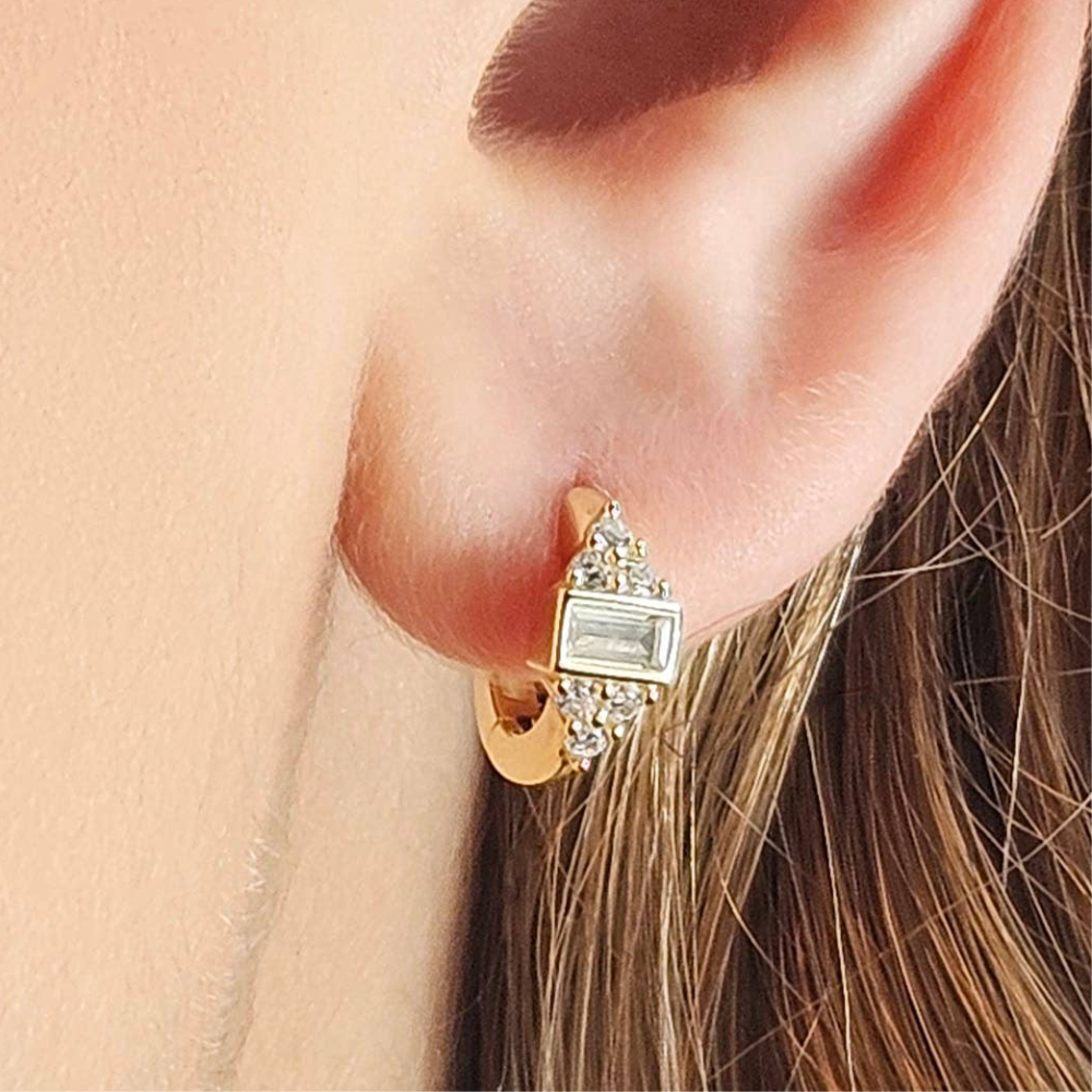 Baguette & Triple CZ Huggie Hoops