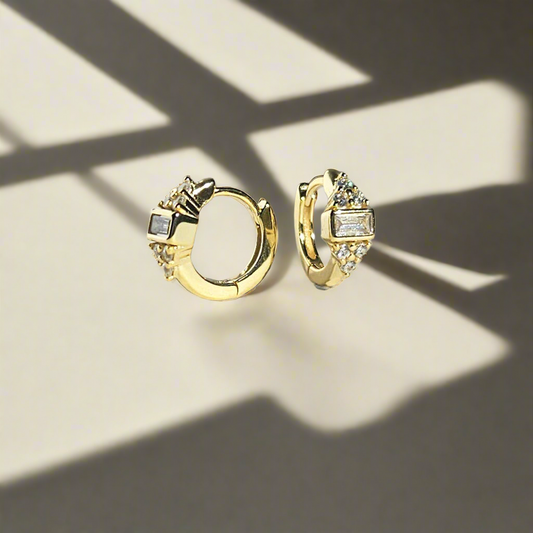 Baguette & Triple CZ Huggie Hoops