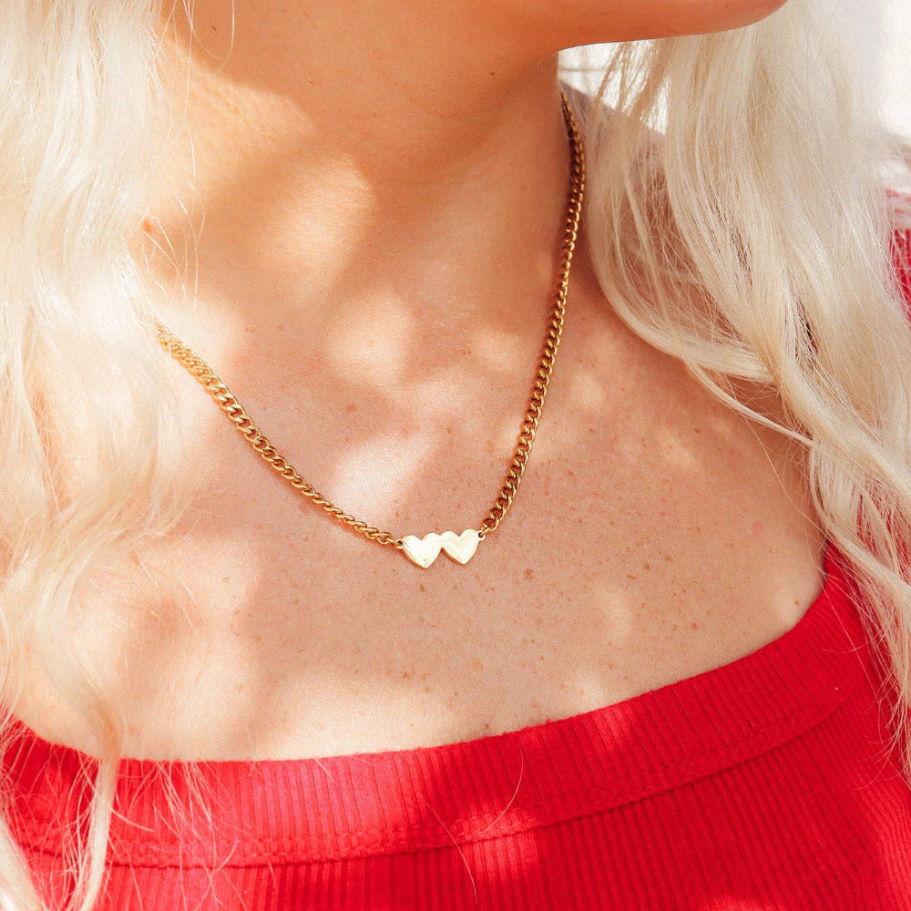 Double Heart Curb Chain Necklace