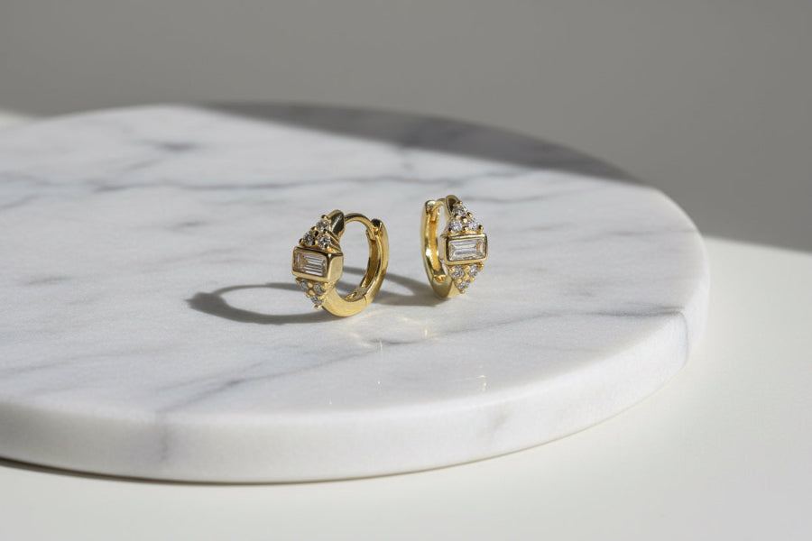 Baguette & Triple CZ Huggie Hoops