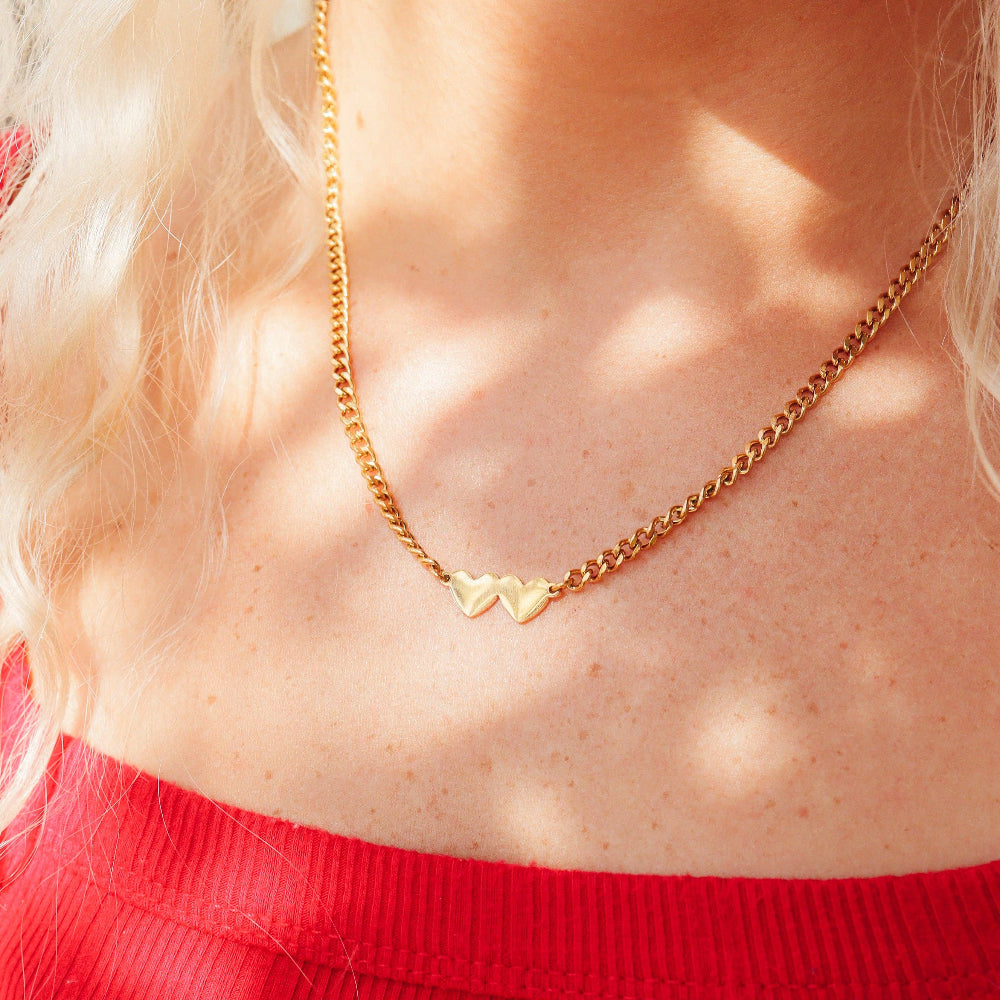 Double Heart Curb Chain Necklace